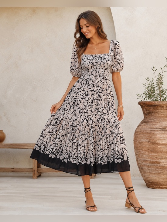 Anthropologie Dresses & Skirts - by Anthropologie Small Floral Smocked Puff Sleeve Midi Dress Boho Black